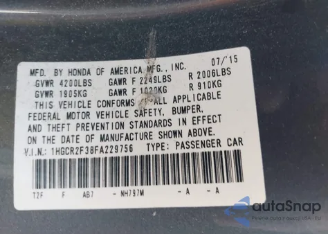 2015 Honda Accord Lx z USA, uszkodzony, nr VIN 1HGCR2F38FA229756